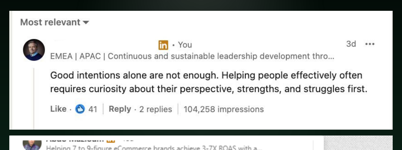LinkedIn comment screenshot — 104,258 impressions on a single comment